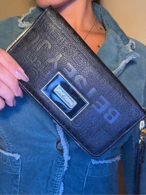 Betsey Johnson Black Embossed Wristlet Clutch with Silver Plate